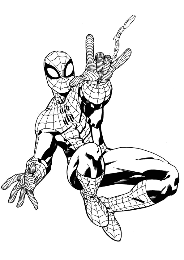 Drawing Spiderman throwing the spider web coloring pages printable for kids 