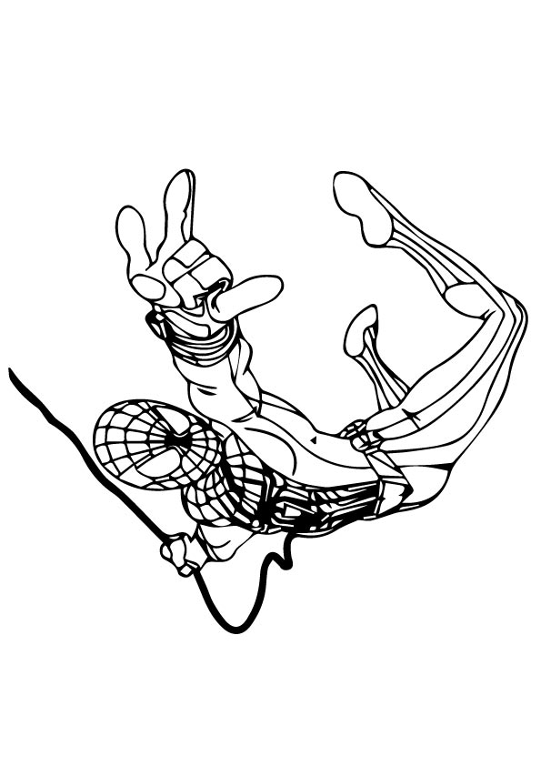 Drawing Spiderman hanging from the spider cloth coloring pages printable for kids 