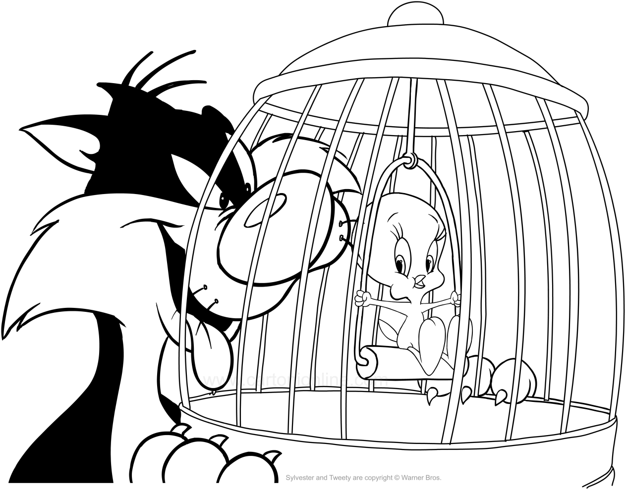 Drawing Sylvester trying to capture Tweety coloring pages printable for kids
