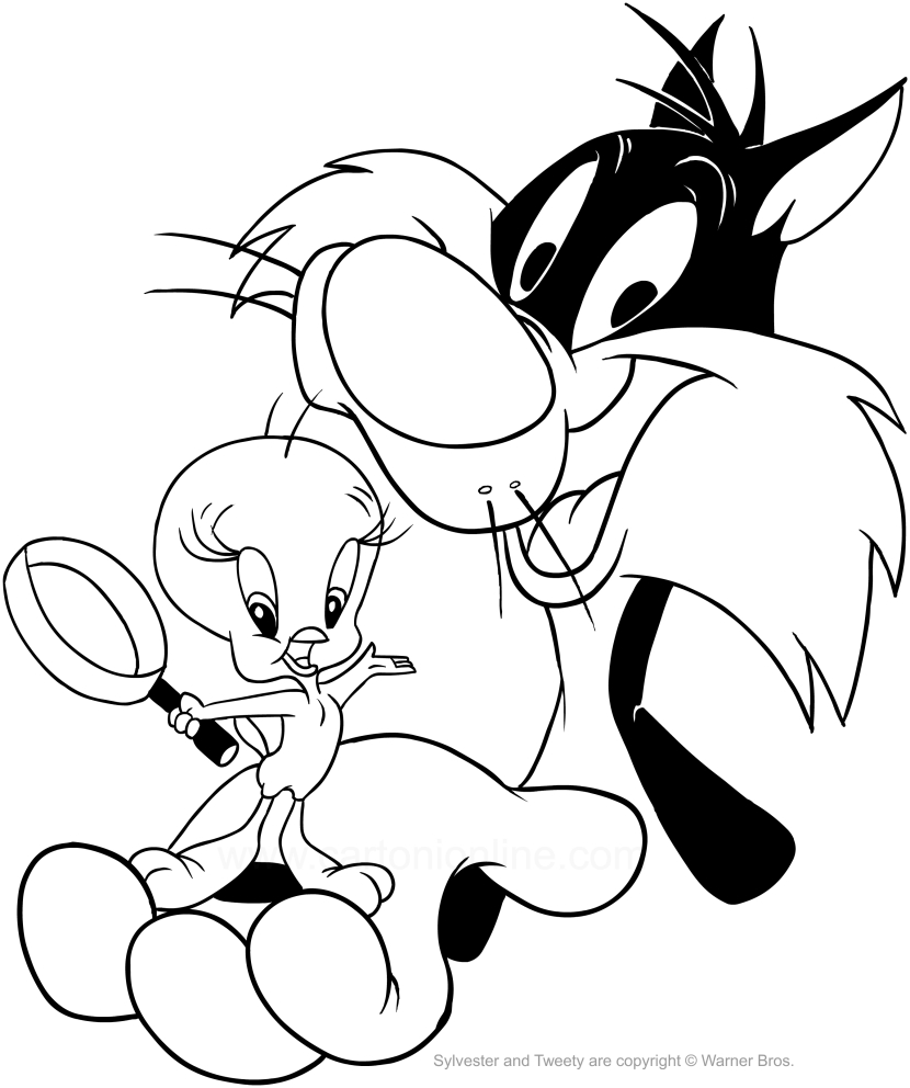 Drawing Sylvester and Tweety detective coloring page