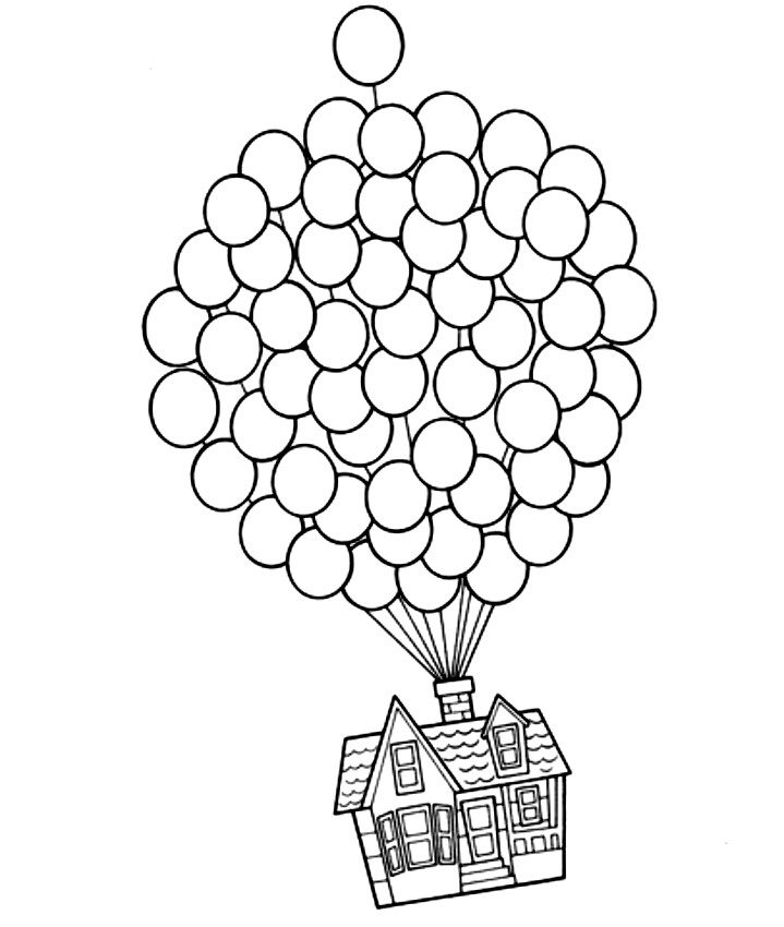 Drawing of the house that flies with the balloons from Up to print and coloring