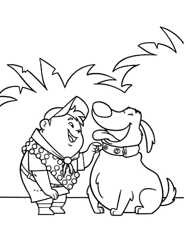 Drawing of Russel caressing the dog to print and coloring