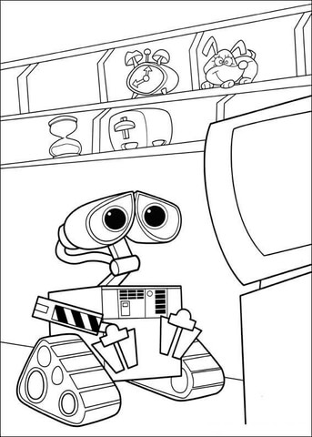 Drawing of Wall-e watching television to print and coloring