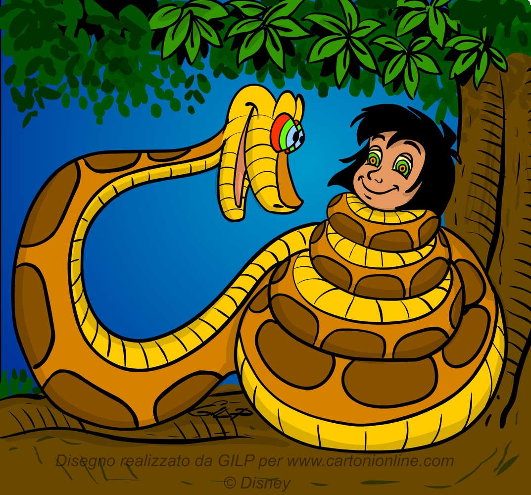 Mowgli está hipnotizado y envuelto en la serpiente Kaa