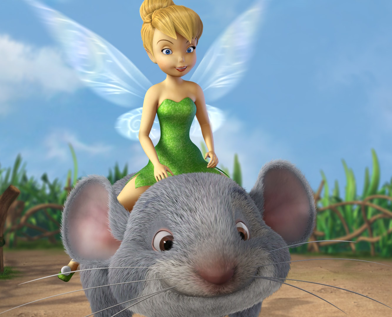 The fairy Tinker Bell rides a mouse