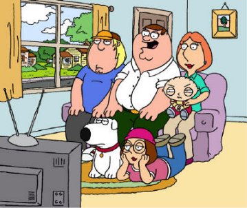 Peter, Lois, Chris, Meg, Stewie Griffin katsomassa televisiota