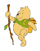 Winnie the Pooh with backpack and stick walks in the hundred acre forest