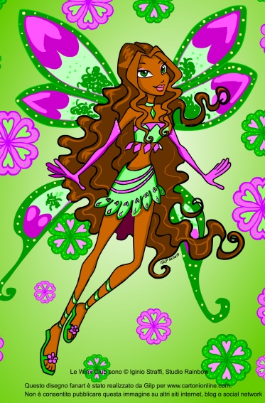 Una immagine fan art di Aisha delle Winx in versione fatina su sfondo verde con fiori