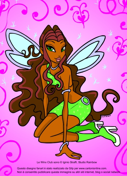 艾莎·艾莎（Aisha）的粉丝艺术形象，来自《魔法俏佳人》的粉红色背景