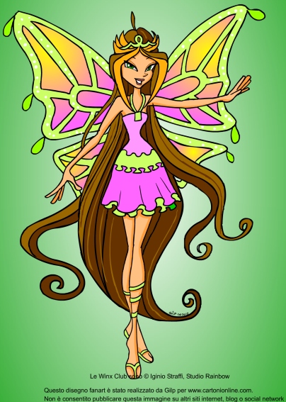 Una immagine fan art di Flora delle Winx Club con ali di farfalla su sfondo verde