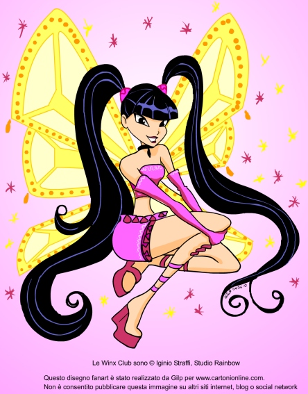 Uma imagem de arte dos fãs do Muse do Clube das Winx em uma versão de fada em um fundo rosa e asas amarelas