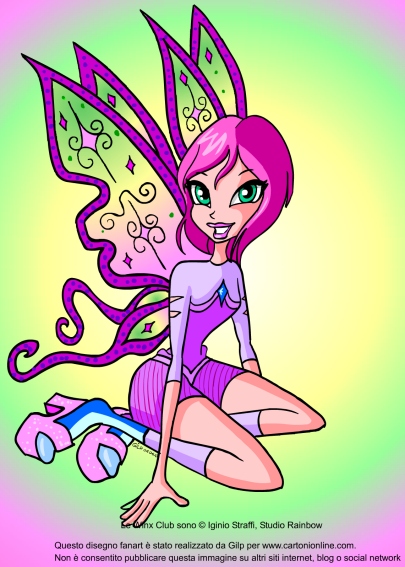 Winx的Tecna的粉丝艺术图片，彩色背景上的童话版本