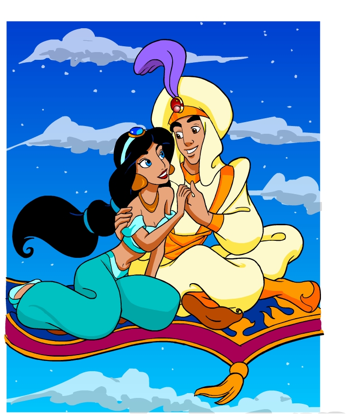 Aladdin ja Jasmine kyytiin lentävällä matolla