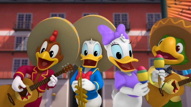 Panchito Pistoles, Donald Duck, Daisy Duck et Josè Carioca les trois caballeros