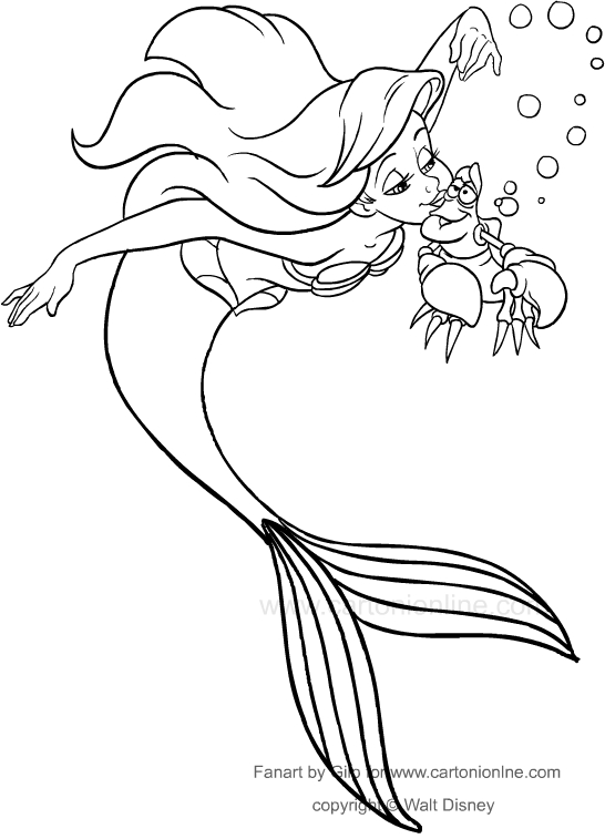 Kolorowanki Ariel caluje kraba Sebastiana (Mala Syrenka)  do wydrukowania i pokolorowania