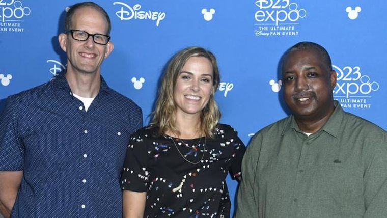 Pete Docter, Dana Murray e Kemp Powers al D23 Expo 2019. [Photo: Frazer Harrison/Getty]