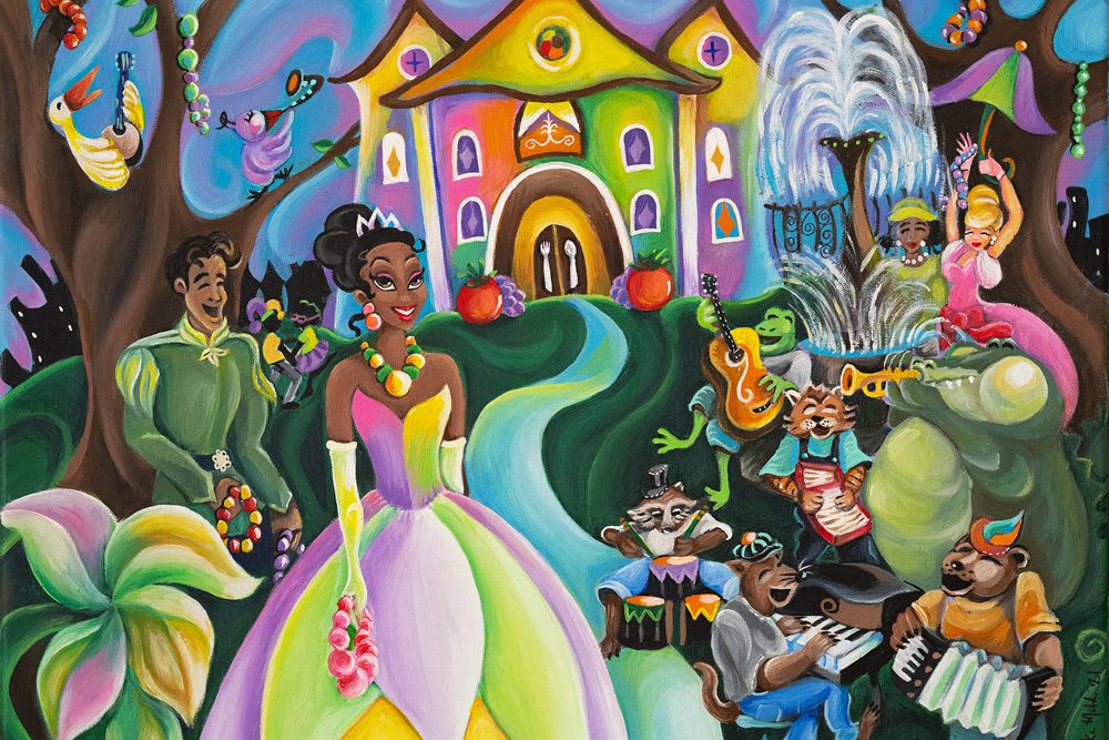 L'artista Sharika Mahdi ha dipinto immagini ispirate a La principessa e il ranocchio per aiutare i Disney Imagineers a reinventare Splash Mountain. [Image: The Walt Disney Company]