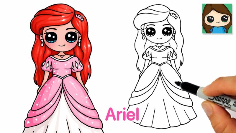 Come disegnare la sirenetta Ariel con un vestito rosa da principessa umana