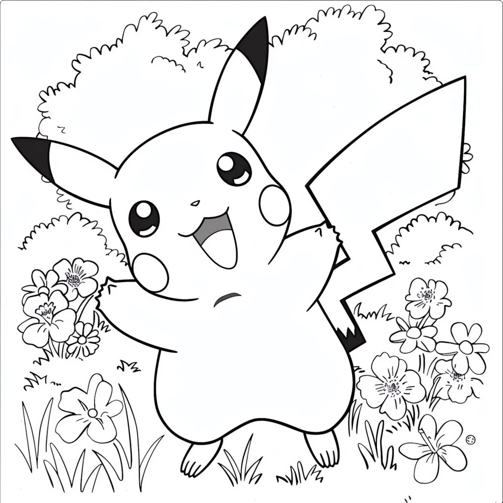 Disegno da colorare di Pikachu fra i fiori