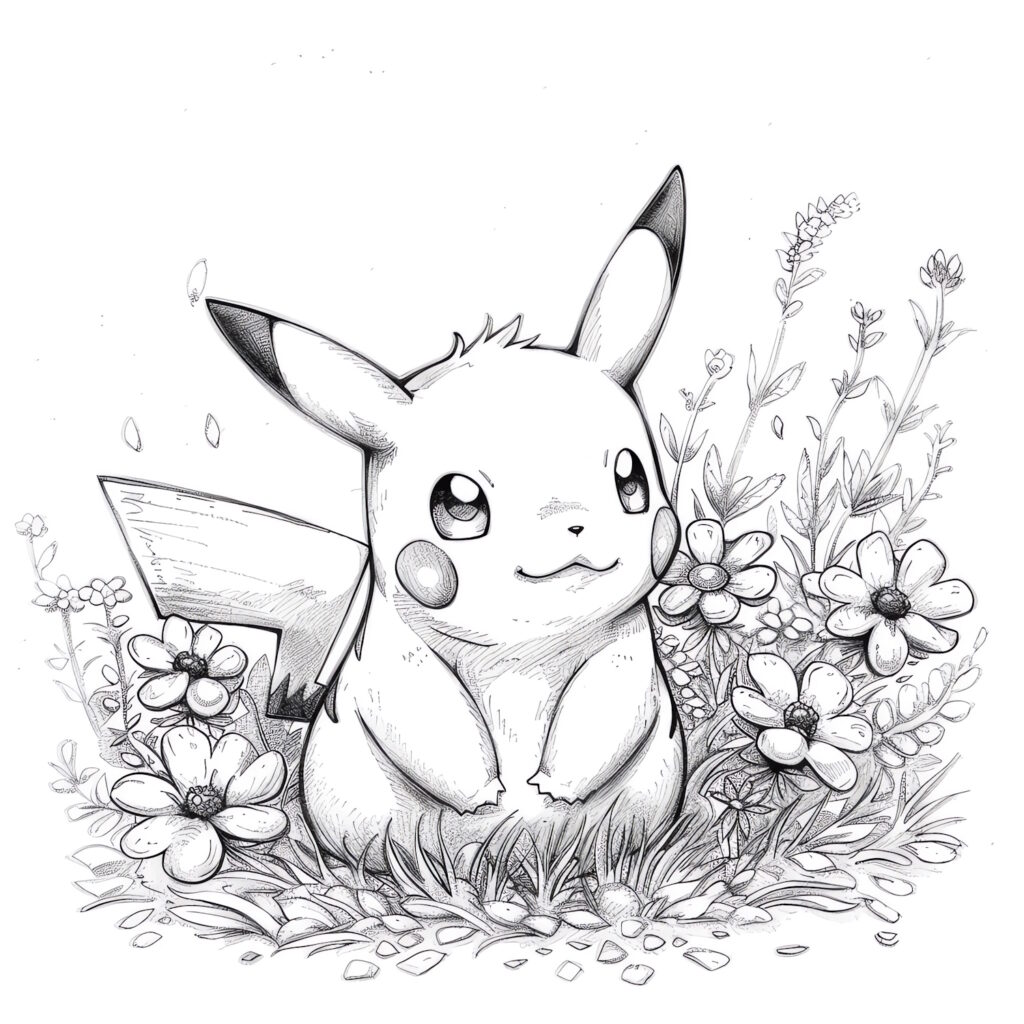 Disegno ぬり絵 a matita di Pikachu fra i fiori