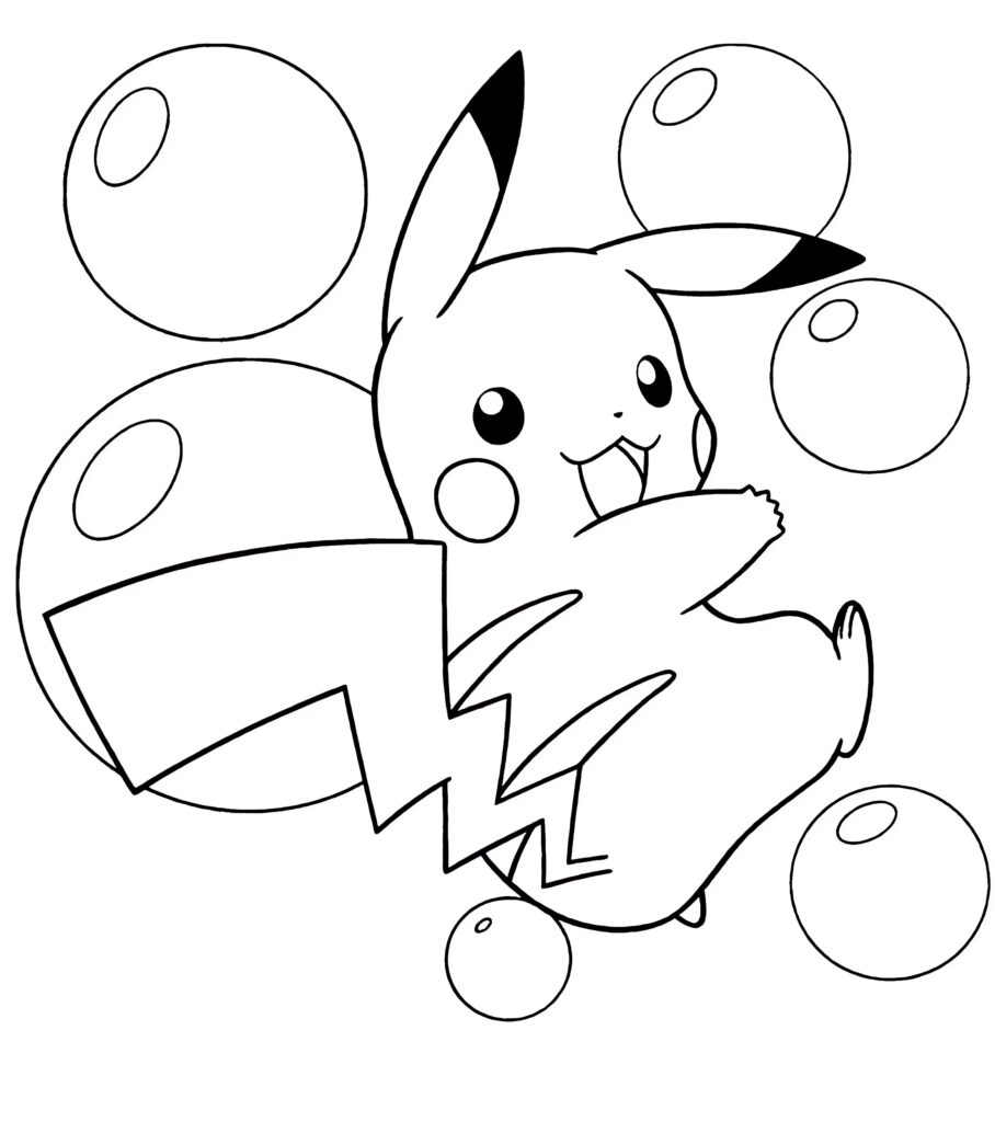 Disegno da colorare di Pikachu fra le bolle di sapone